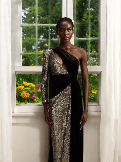 Zora long sleeve asymmetric maxi dress with sequins