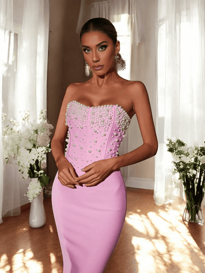Strapless Pink Maxi Dress with Pearl Detail