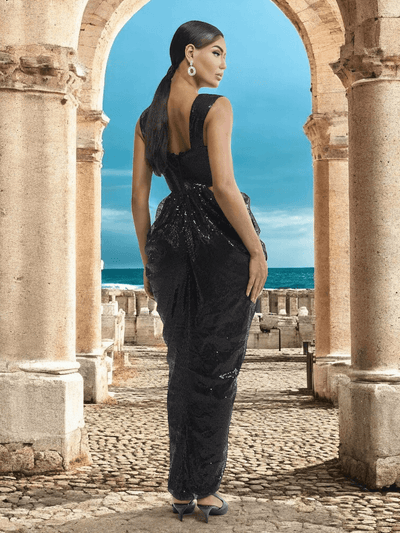 Cut Out Red Flower Black Sequin Maxi Dress