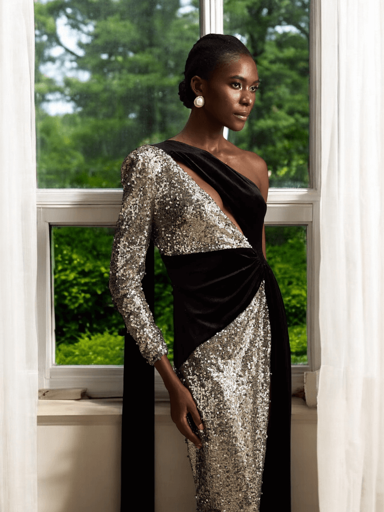 Zora long sleeve asymmetric maxi dress with sequins