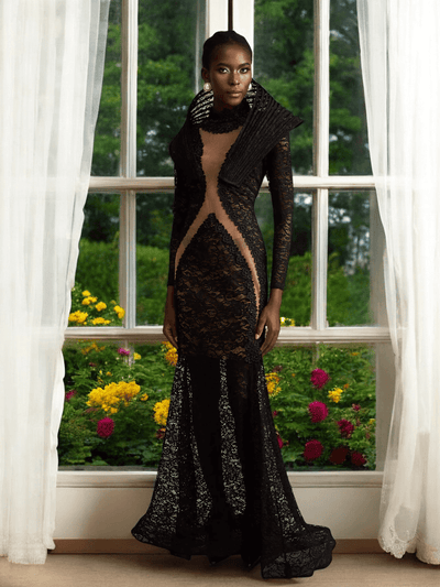 Tora mesh long-sleeve fishtail gown