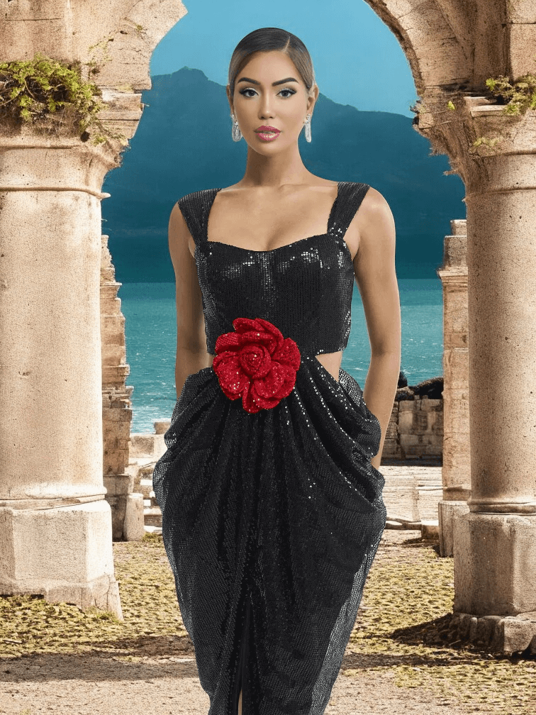 Cut Out Red Flower Black Sequin Maxi Dress