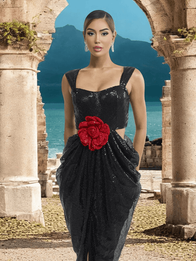Cut Out Red Flower Black Sequin Maxi Dress