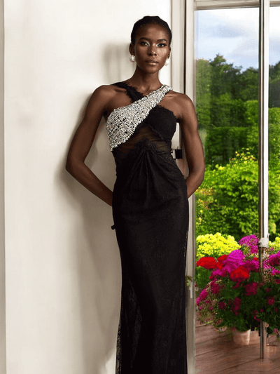 Gora Crossover Crystal Details Maxi Dress with crystal embellishments and floor-length design