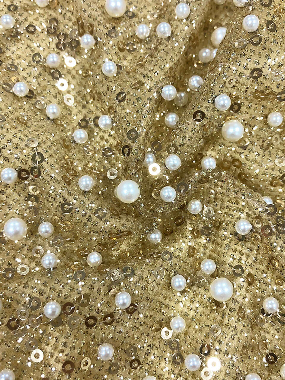 Strapless Pearl Sequin Maxi Dress in Gold for special occasions.