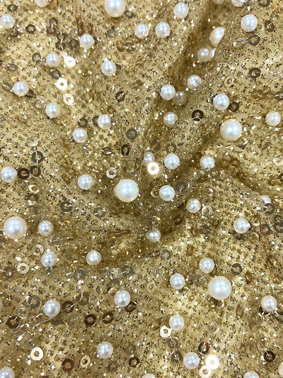 Strapless Pearl Sequin Maxi Dress in Gold for special occasions.