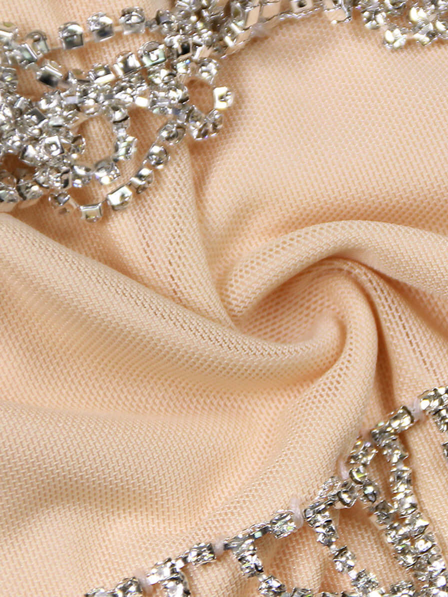 Nude Halter Crystal Tassel Dress - Radiant Elegance for Special Occasions