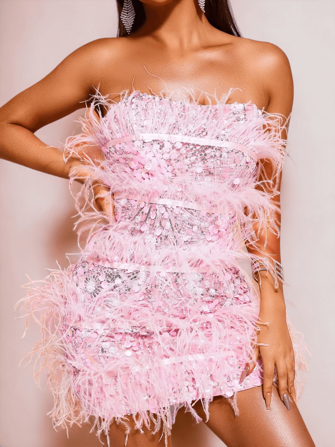 Tifany embellished sequin feathers pink mini dress