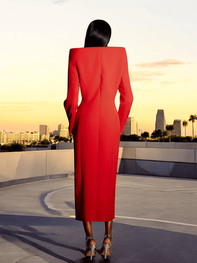 Sana Red Long Sleeve Midi Dress with Side Slit – Elegant Party Wear