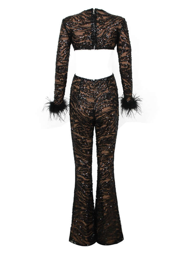 Chic jumpsuit featuring long sleeves, adorned with feather, sequin, and lace details for a stylish ensemble