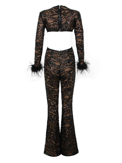 Chic jumpsuit featuring long sleeves, adorned with feather, sequin, and lace details for a stylish ensemble
