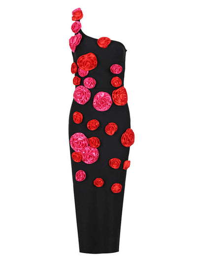 One Shoulder Rose Detail Bandage Midi Dress