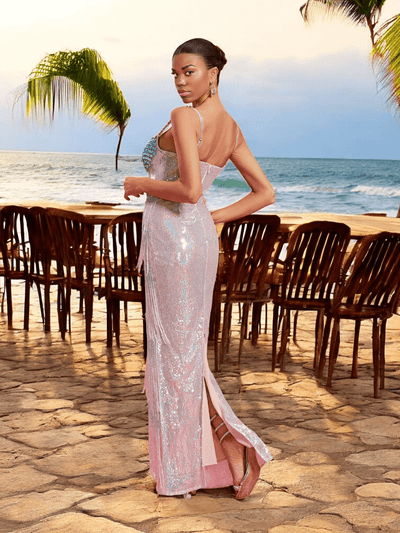 Elegant Maxi Dress with Corset Bodice and Fringe Trim