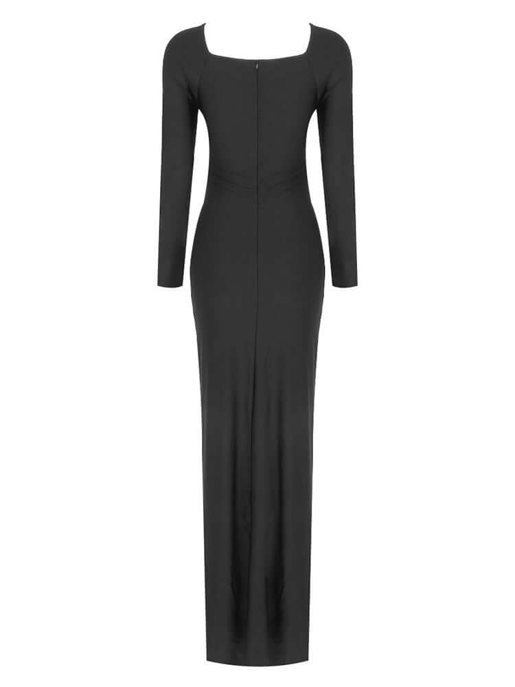 Chic black gown with hollow-out design and long sleeves, perfect for special events