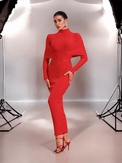 Red Nancy Long Sleeve Turtle Neck Maxi Dress, perfect for weddings, parties, and special occasions.