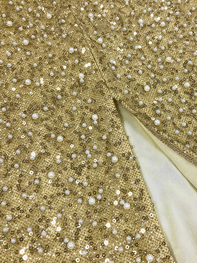 Strapless Pearl Sequin Maxi Dress in Gold for special occasions.