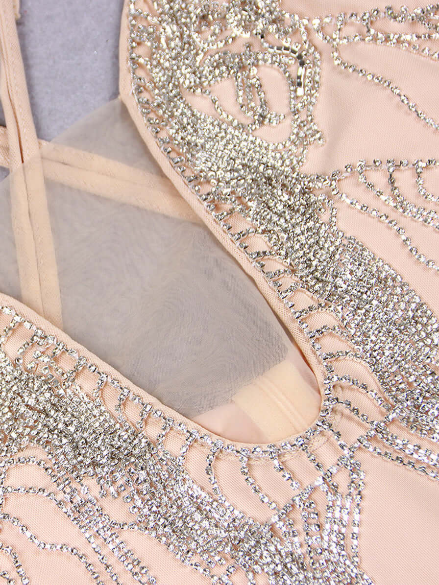 Nude Halter Crystal Tassel Dress - Radiant Elegance for Special Occasions