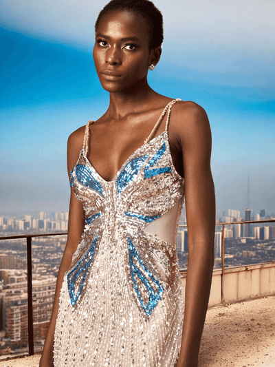 Elegant Butterfly Sequined Bodycon Dress with Pearls