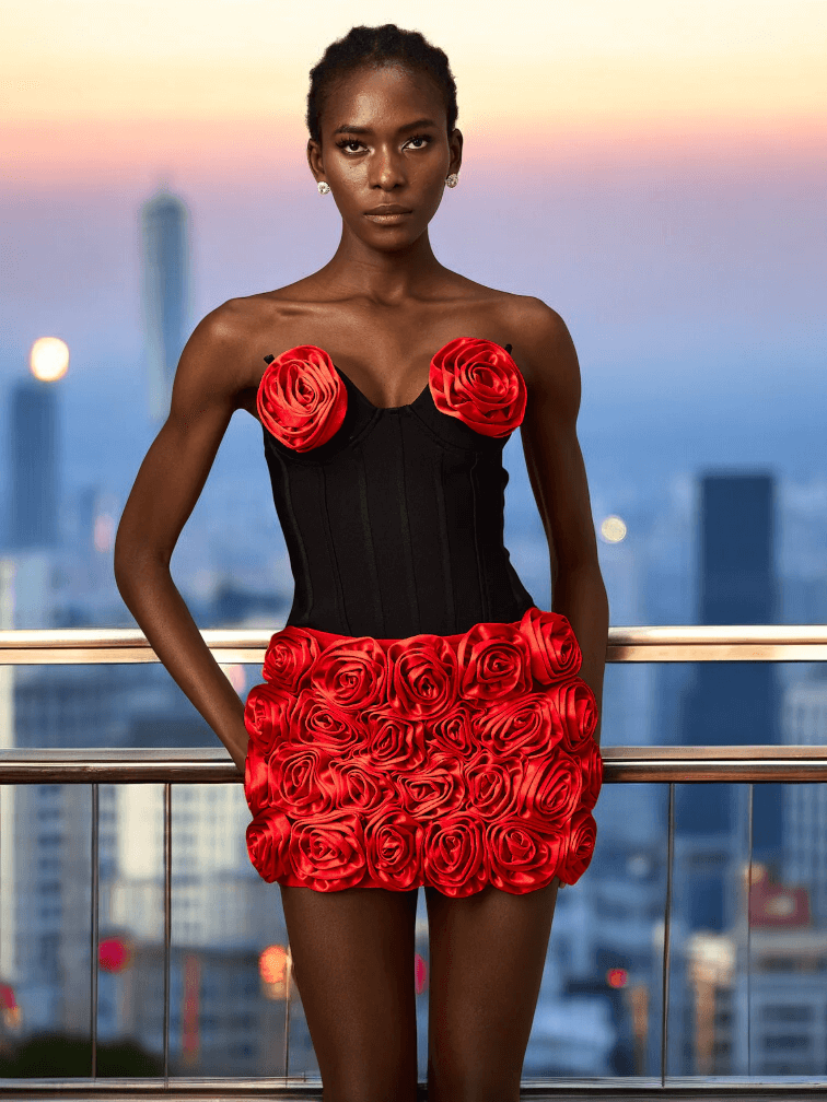 Red rose appliqué crop top and skirt matching set with floral design, perfect for weddings and special occasions.
