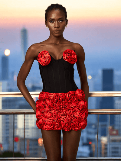 Red rose appliqué crop top and skirt matching set with floral design, perfect for weddings and special occasions.