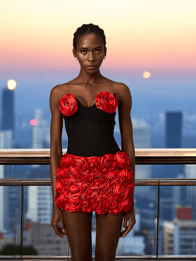 Red rose appliqué crop top and skirt matching set with floral design, perfect for weddings and special occasions.