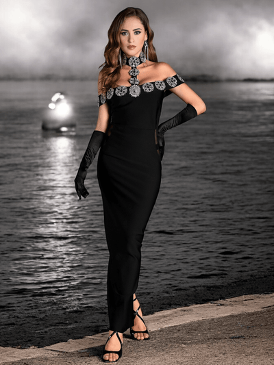 Black Halter Crystal Bardot Velvet Maxi Dress - a stunning choice praised by fashion influencers and loved by many Valensia Seven customers