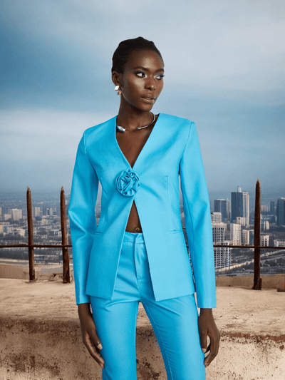 Blue Flower Blazer Trousers Set with floral details for luxury formal events and special occasions.