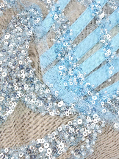 Blue Sequins Pearls Slash Neck Midi Dress