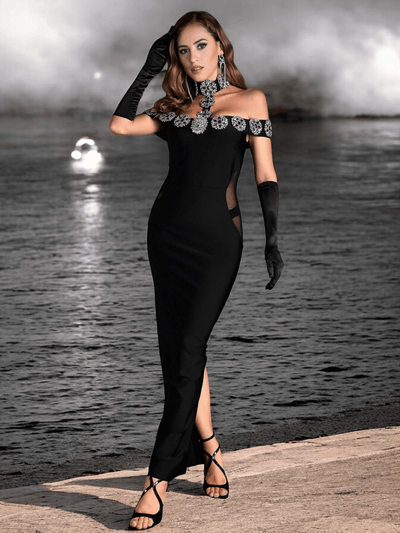 Black Halter Crystal Bardot Velvet Maxi Dress - a stunning choice praised by fashion influencers and loved by many Valensia Seven customers