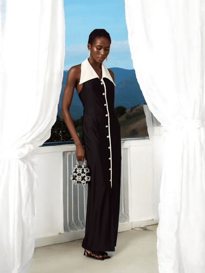 Elegant button detail contrasting maxi dress