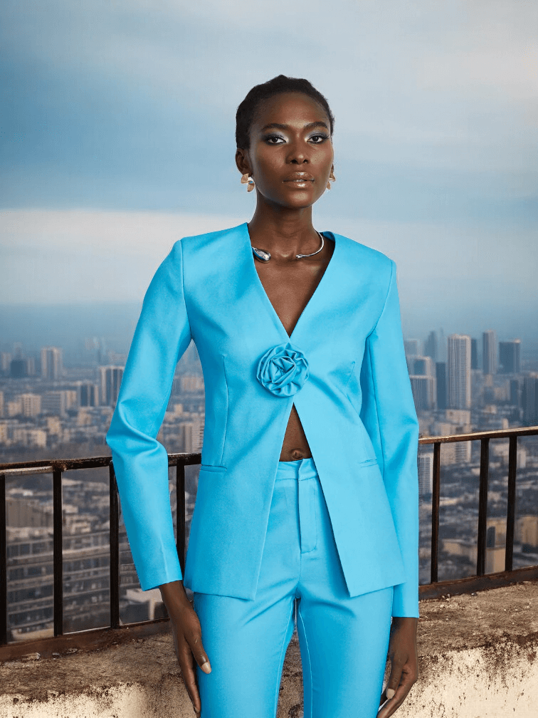 Blue Flower Blazer Trousers Set with floral details for luxury formal events and special occasions.
