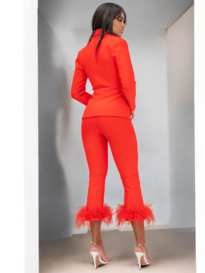 Yolo Red Trousers Set with Feather Trim – High-Waisted Pants and Matching Jacked for Women