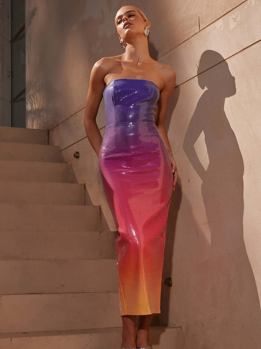 Strapless Sequin Midi Dress Rainbow