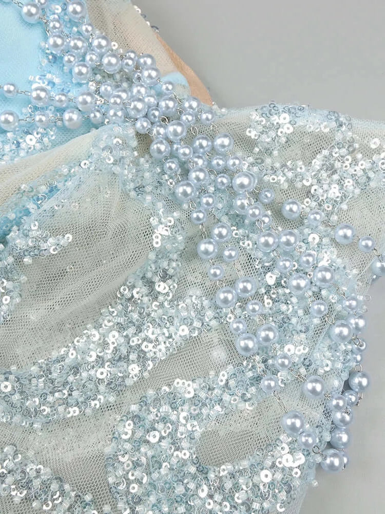 Blue Sequins Pearls Slash Neck Midi Dress
