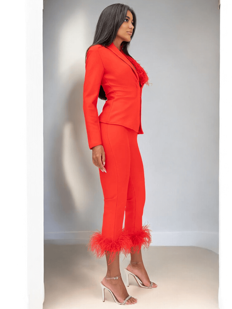 Yolo Red Trousers Set with Feather Trim – High-Waisted Pants and Matching Jacked for Women