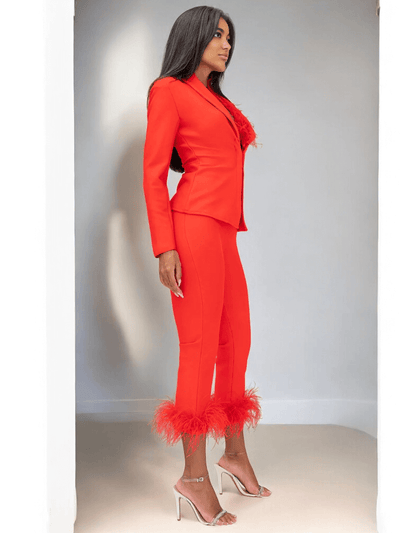 Yolo Red Trousers Set with Feather Trim – High-Waisted Pants and Matching Jacked for Women