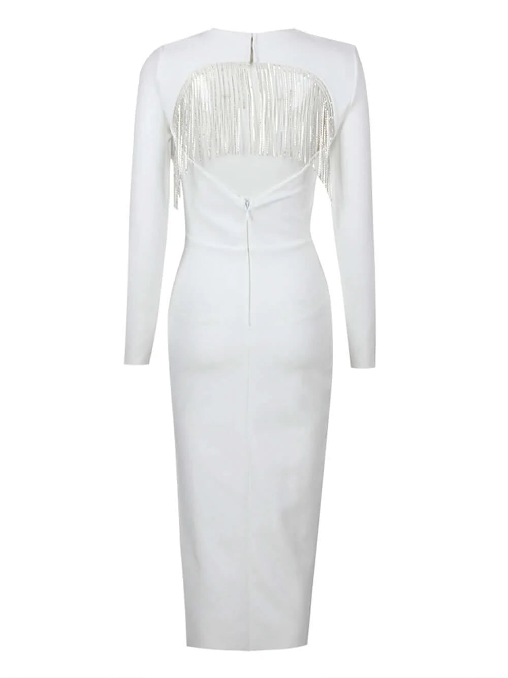 White Long Sleeves Bandage Dress With Crystal Tassels