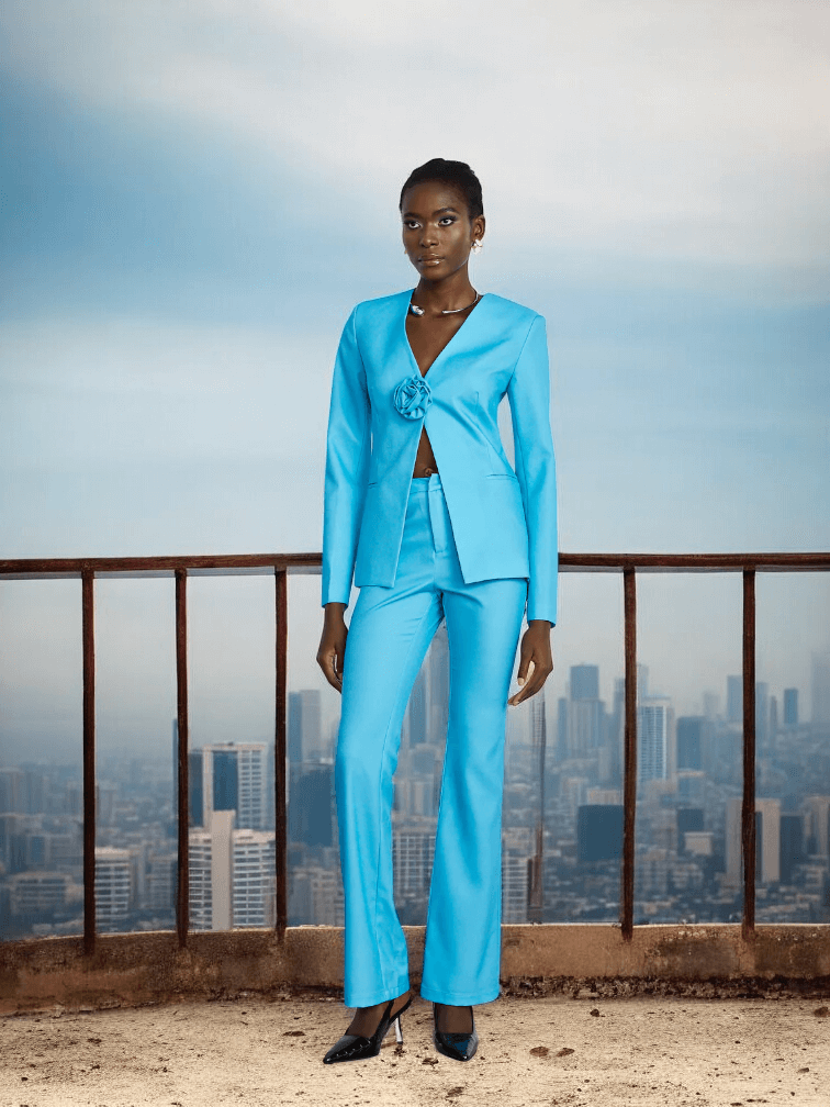 Blue Flower Blazer Trousers Set with floral details for luxury formal events and special occasions.