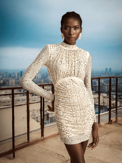Liori Crystal Long Sleeve Mini Dress | Glam Party Dress