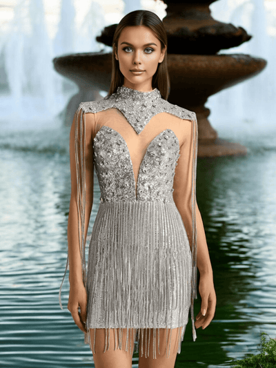 Sequins Fringe Mini Dress Silver, glamorous sequin and fringe mini dress for evening events