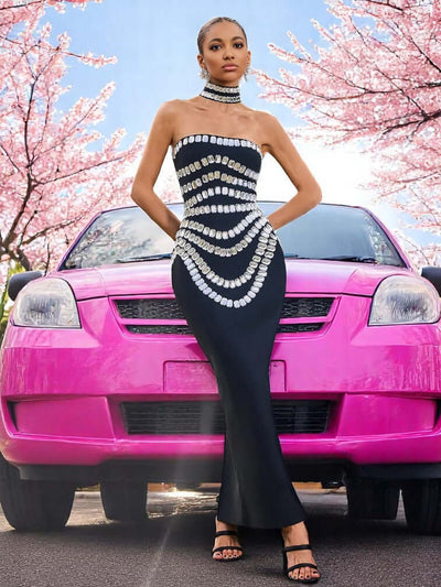 Sana Diamond Rhinestone Maxi Bandage Dress