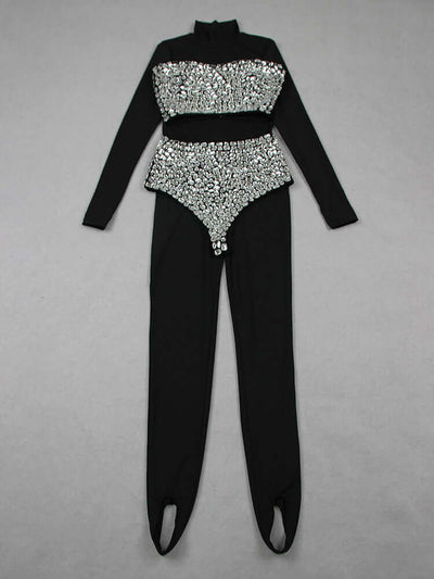 Long Sleeve Crystal Three Piece Jumpsuit Black