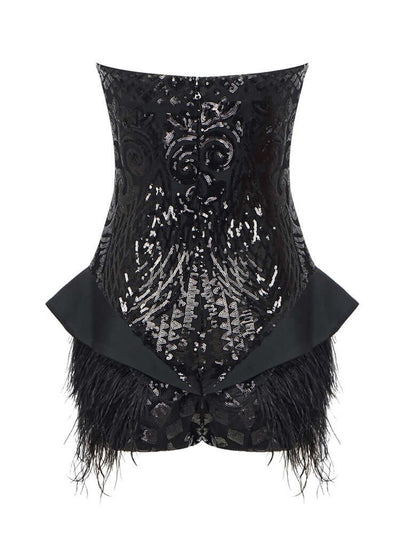 Strapless bodysuit adorned with feather sequins