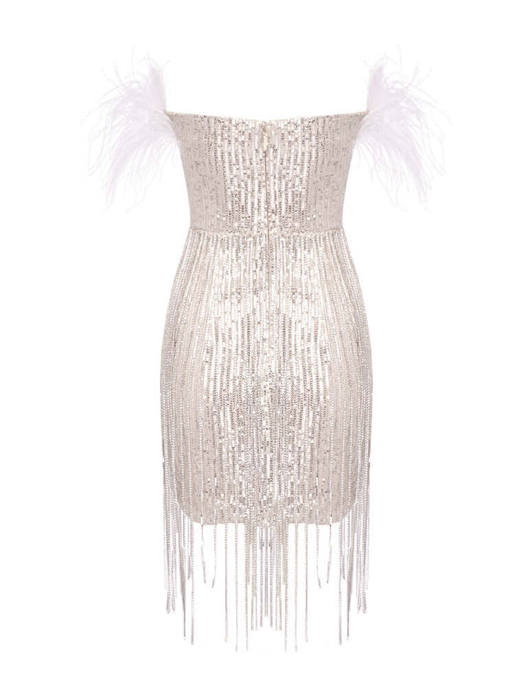 Image of a Feather Glitter Crystal Tassels Design Mini Dress