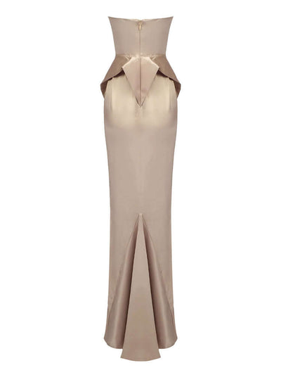 Sleek strapless satin gown with flattering ruched detailing.