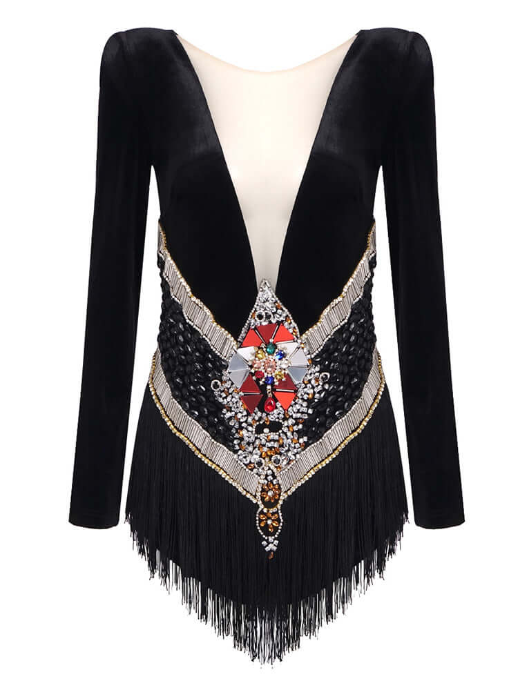 Crystal Design Long Sleeves Velvet Short Dress