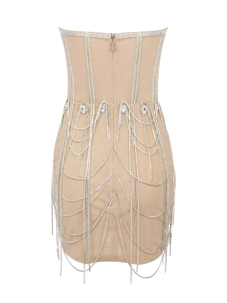 Strapless Crystals Embellished Mini Dress: Sparkle and Elegance in Every Stitch