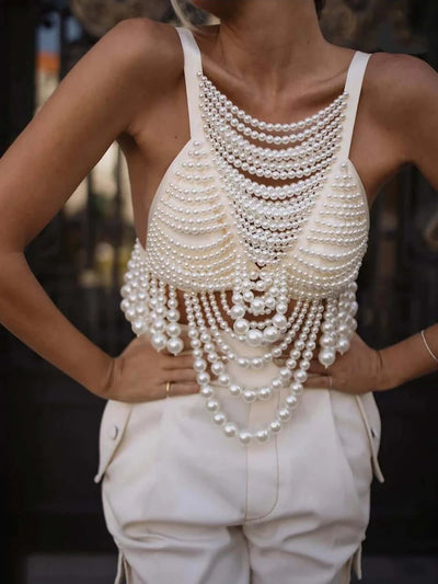Elegant crop top adorned with pearls