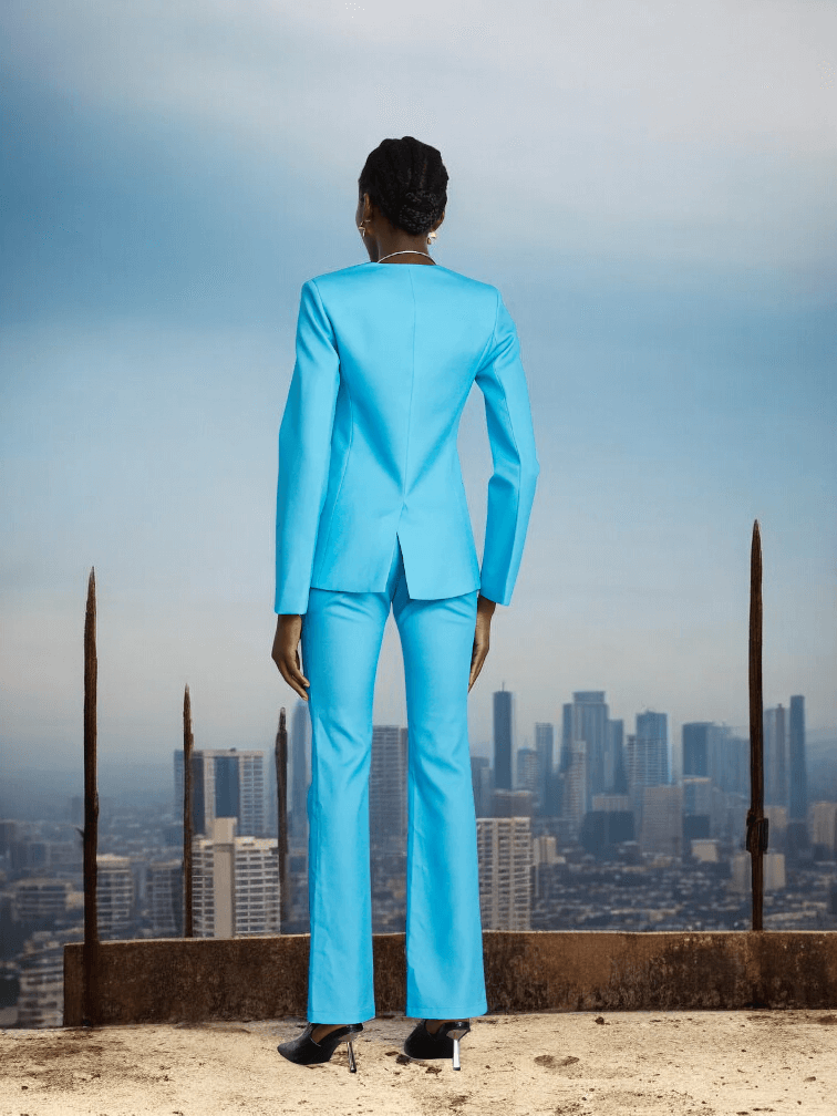 Blue Flower Blazer Trousers Set with floral details for luxury formal events and special occasions.