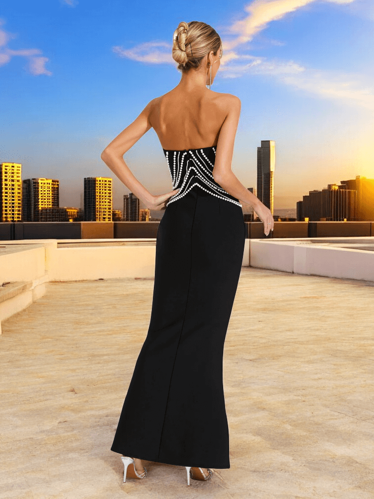 Lope Black Bandage Dress Showing Strapless Neckline & Maxi Length